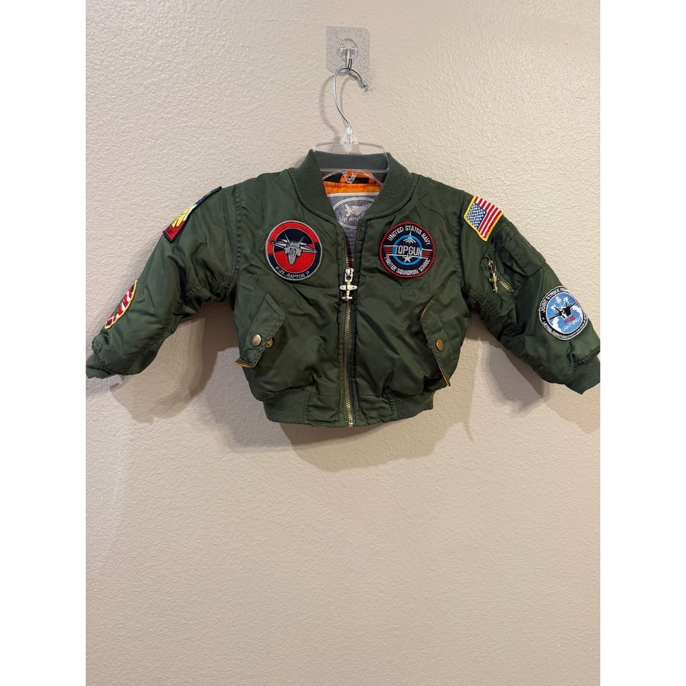 Up and Away Junior Flight Jacket Kids Size 2T Green Excellent MA-1 Bomber Patch